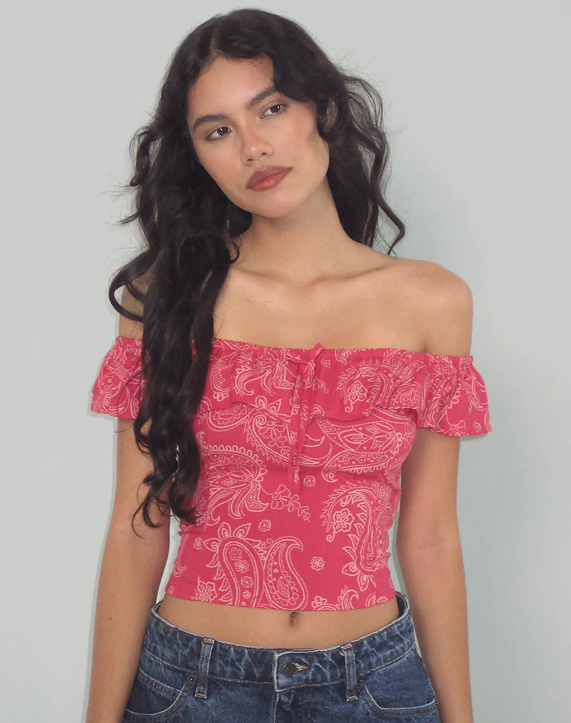 Yokai Bardot Top in Retro Paisley Pink - Image 3