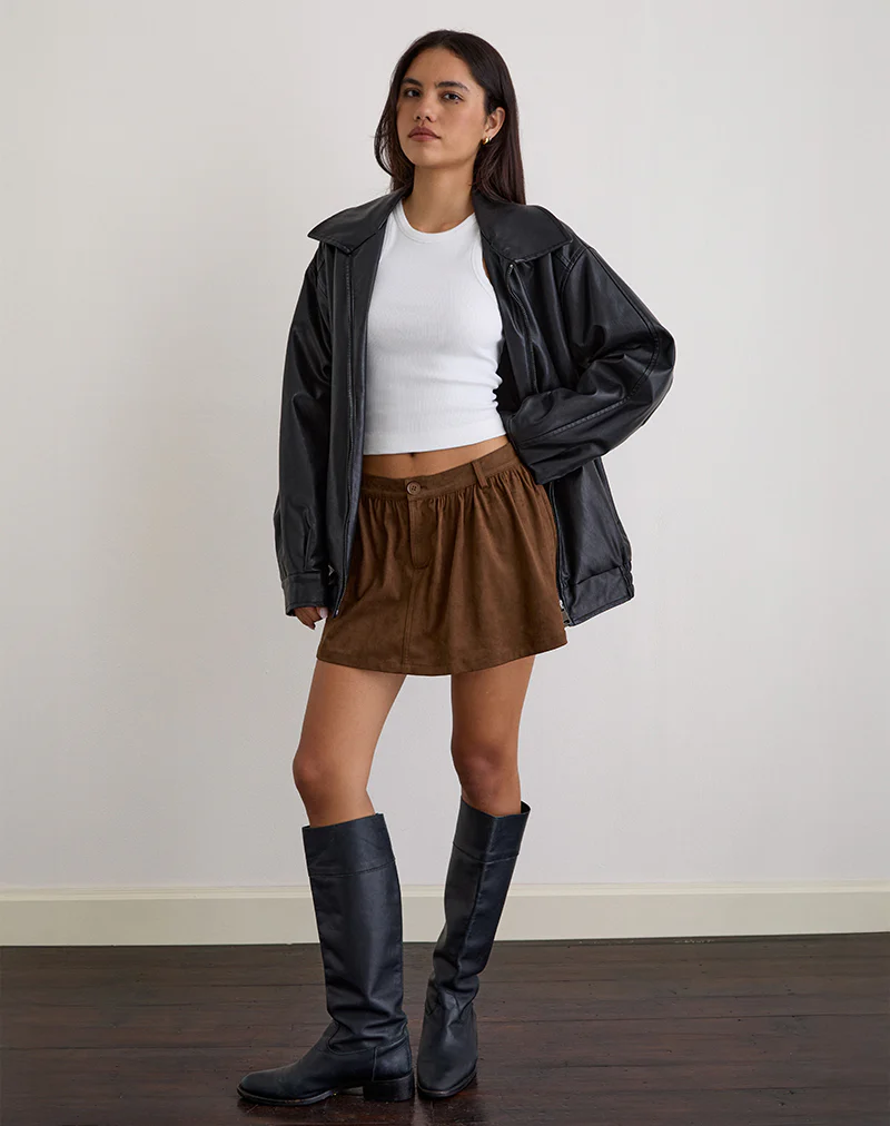 Yonca Frill Mini Skort in Faux Suede Brown - Image 2