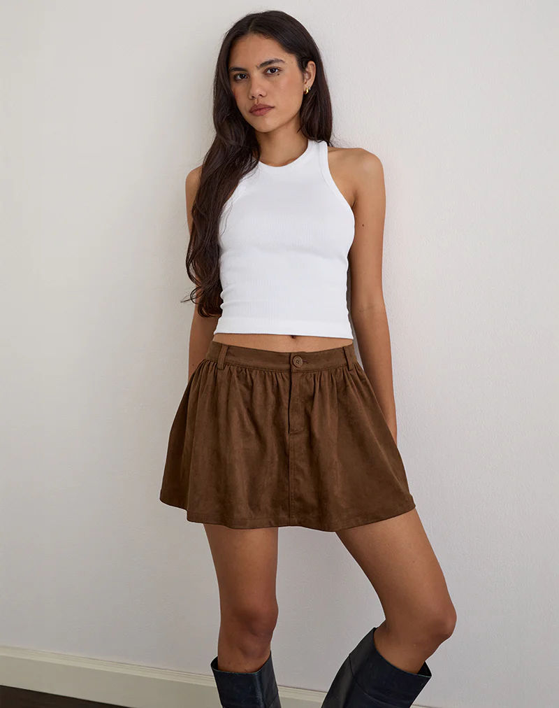 Yonca Frill Mini Skort in Faux Suede Brown - Image 4