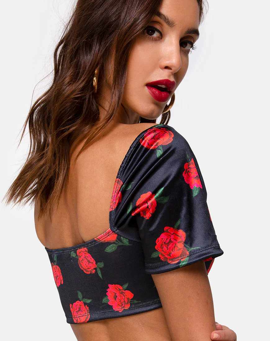 Yoona Top in Satin Stretch Last Rose Black - Image 2