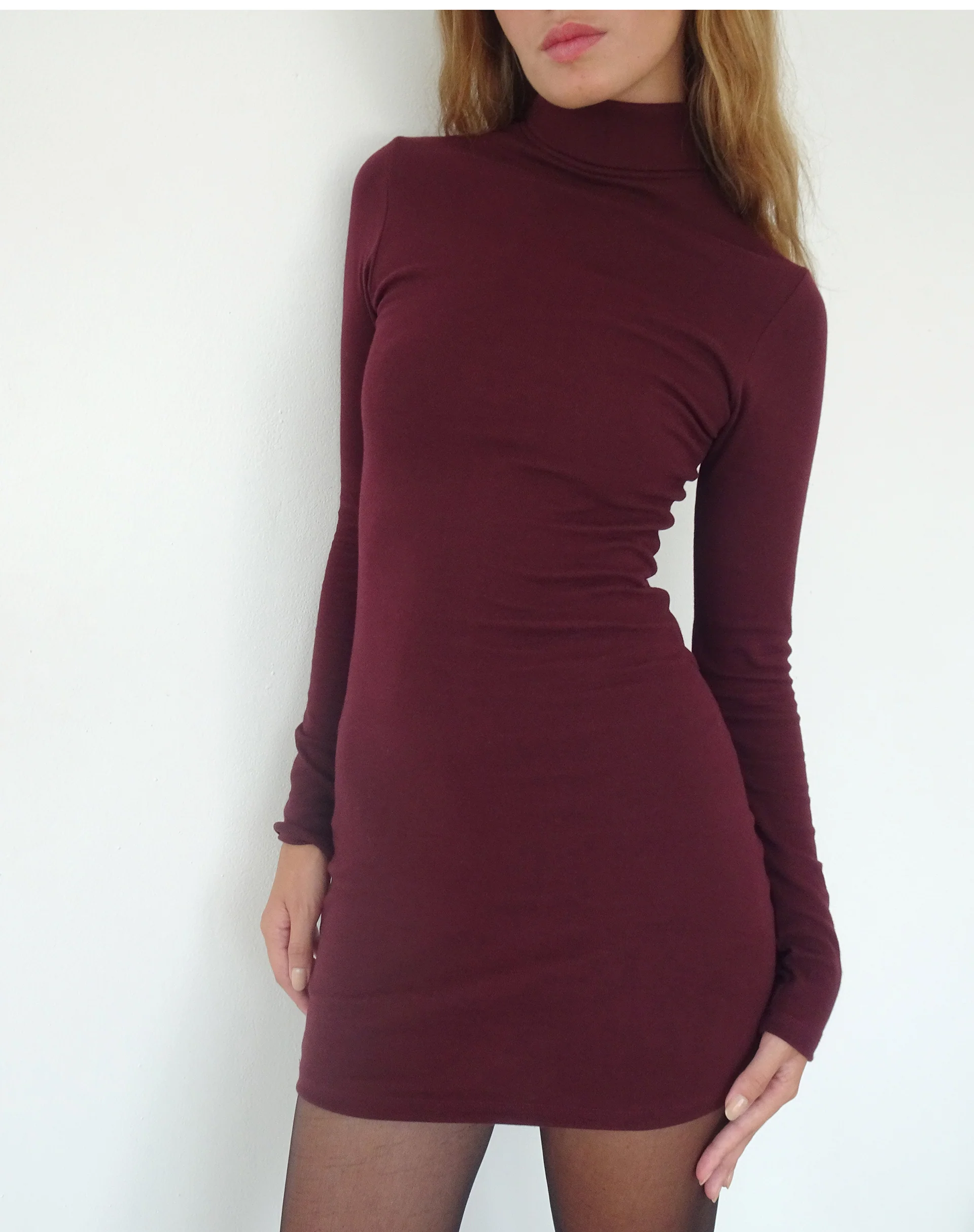 Yrion Turtle Neck  Bodycon Mini Dress in Burgundy - Image 4