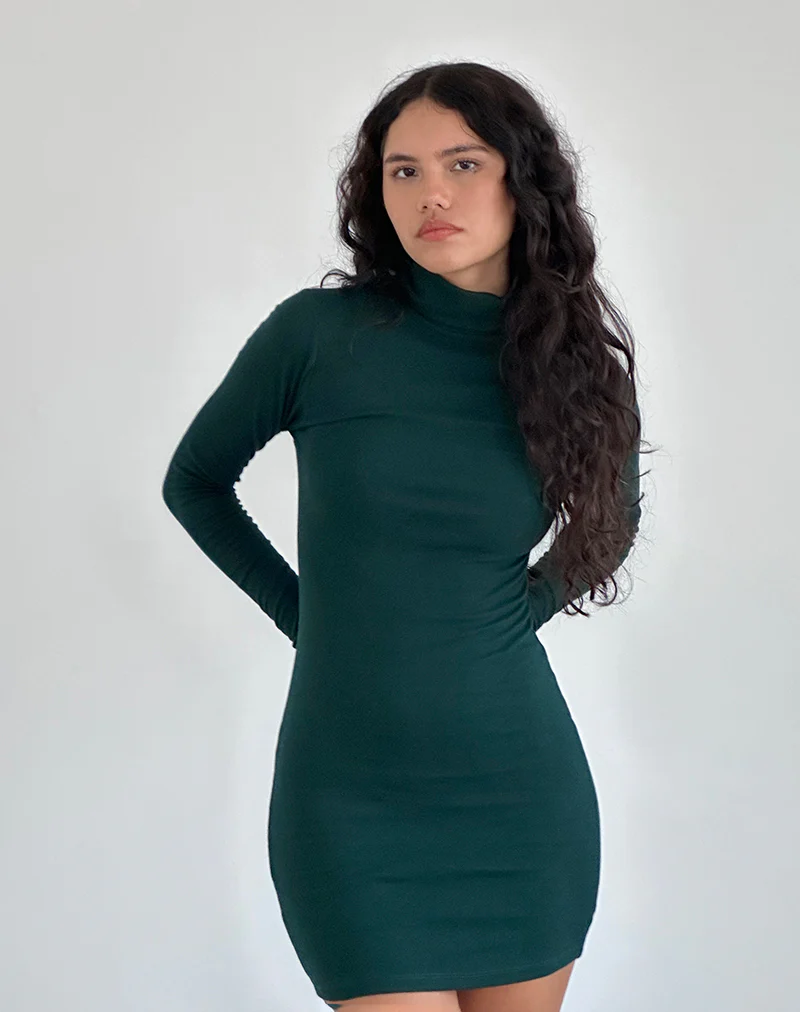 Yrion Turtle Neck Bodycon Mini Dress in Forest Green - Image 2
