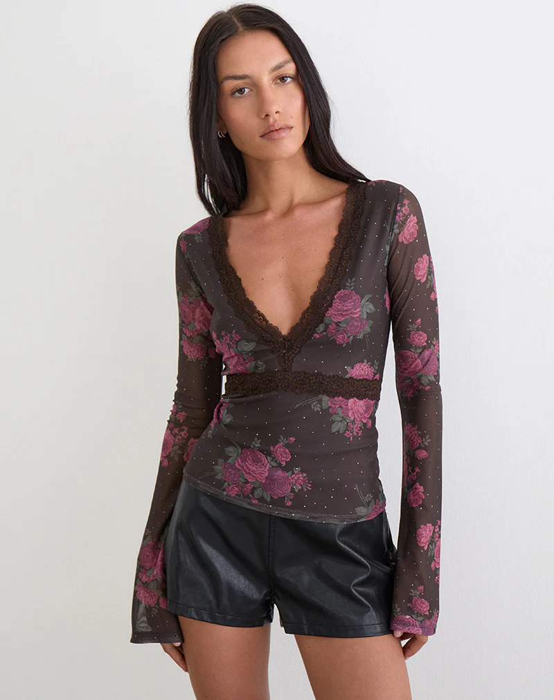 Yudo Top in Brown with Pink Polka Dots and Roses Print - Image 3