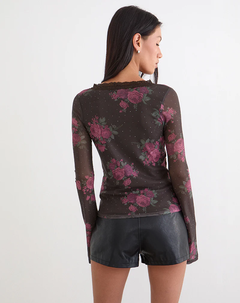 Yudo Top in Brown with Pink Polka Dots and Roses Print - Image 4