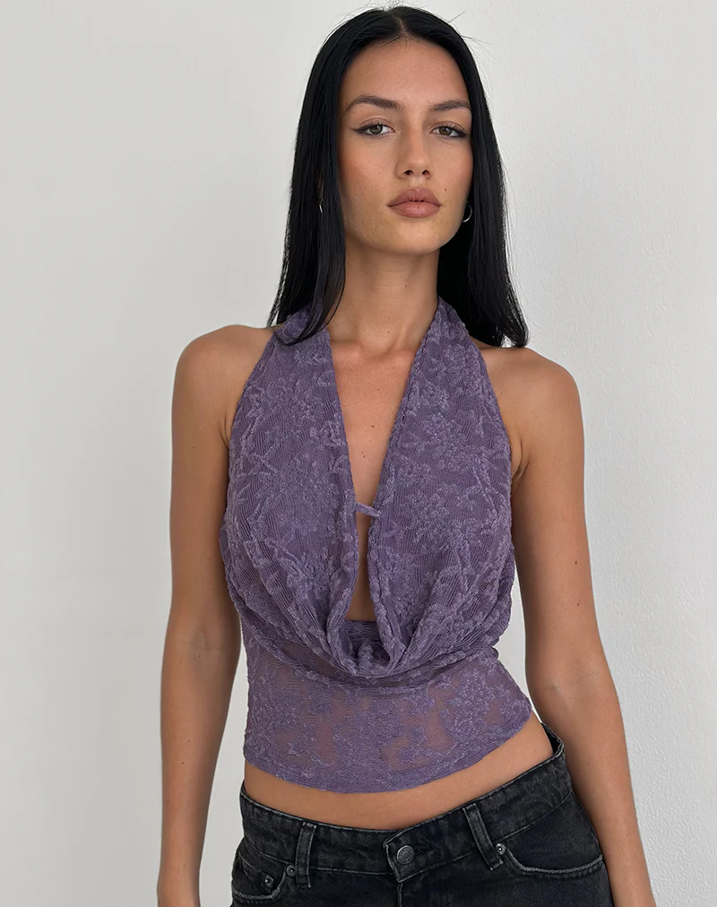 Yukari Plunge Top in Jacquard Knit Purple - Image 2