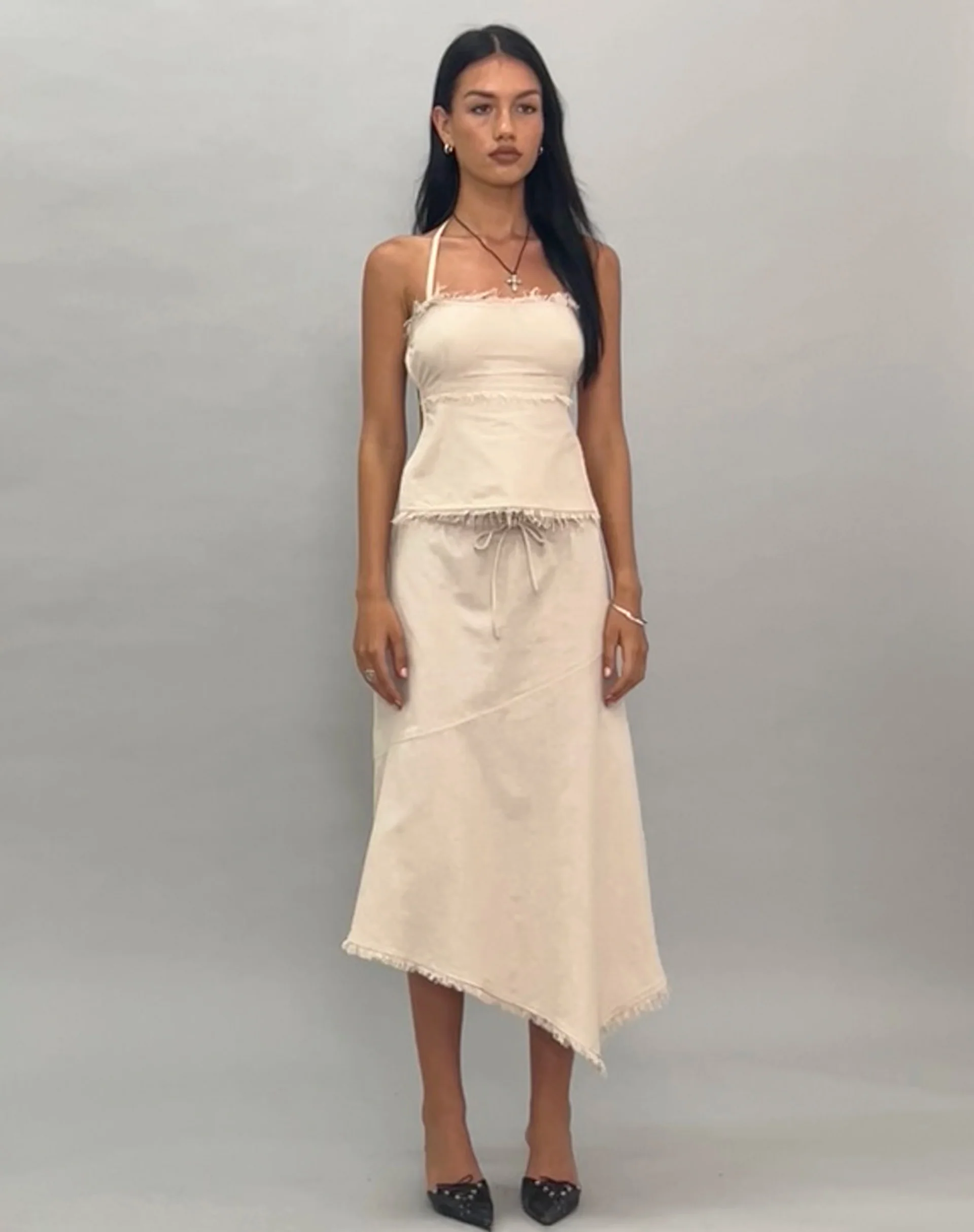 Yvaine Asymmetric Midi Skirt in Ecru - Image 2