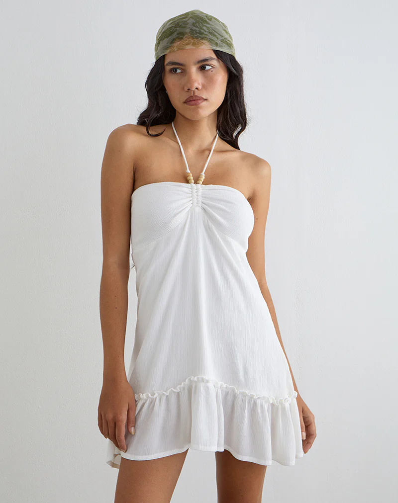 Yvelise Mini Dress in Crinkle Off White with Beads - Image 3