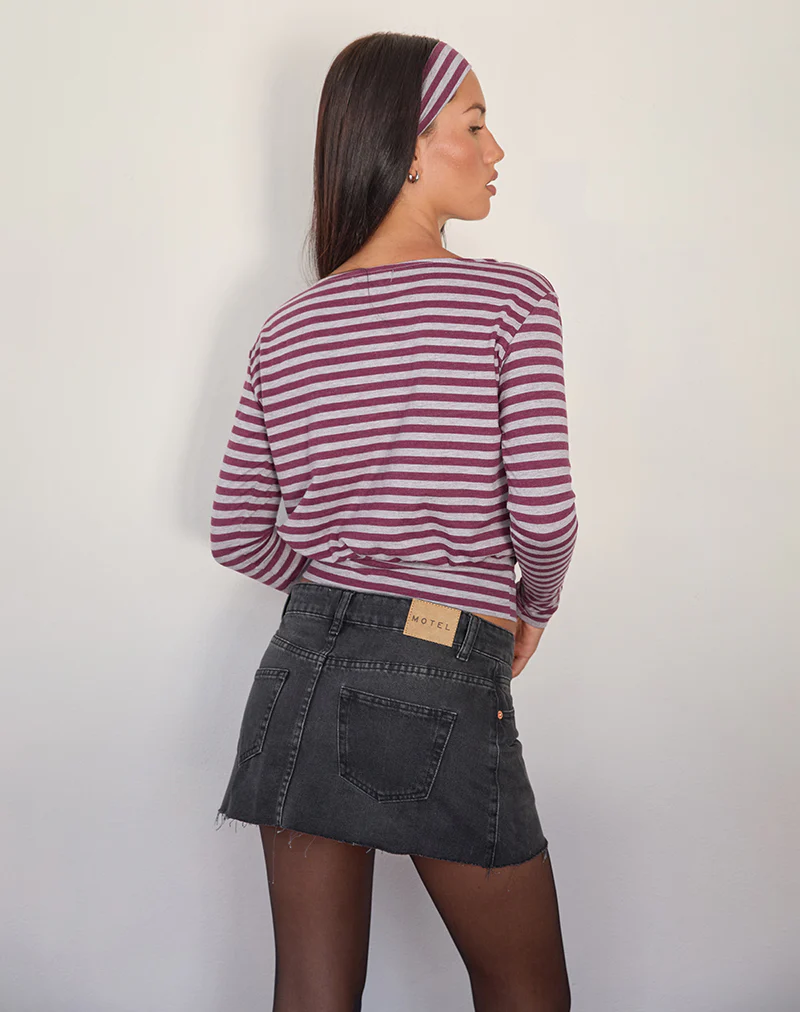 Zahir Long Sleeve Top in Burgundy and Grey Stripe - Image 5