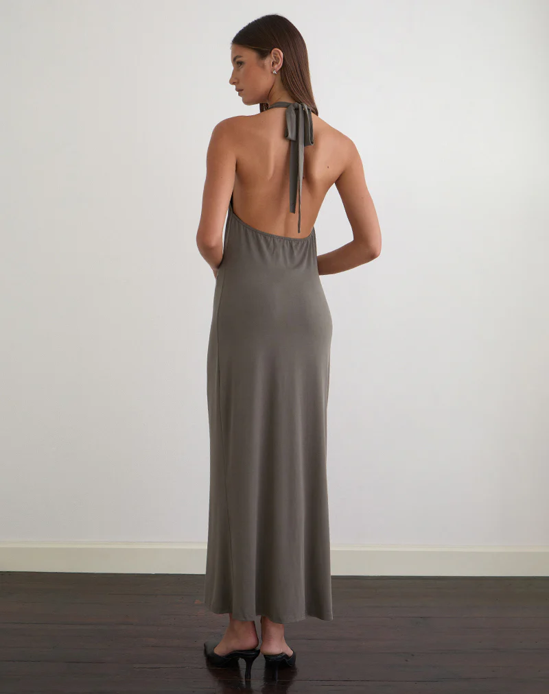 Zarya Maxi Dress in Cupro Grey Khaki - Image 2