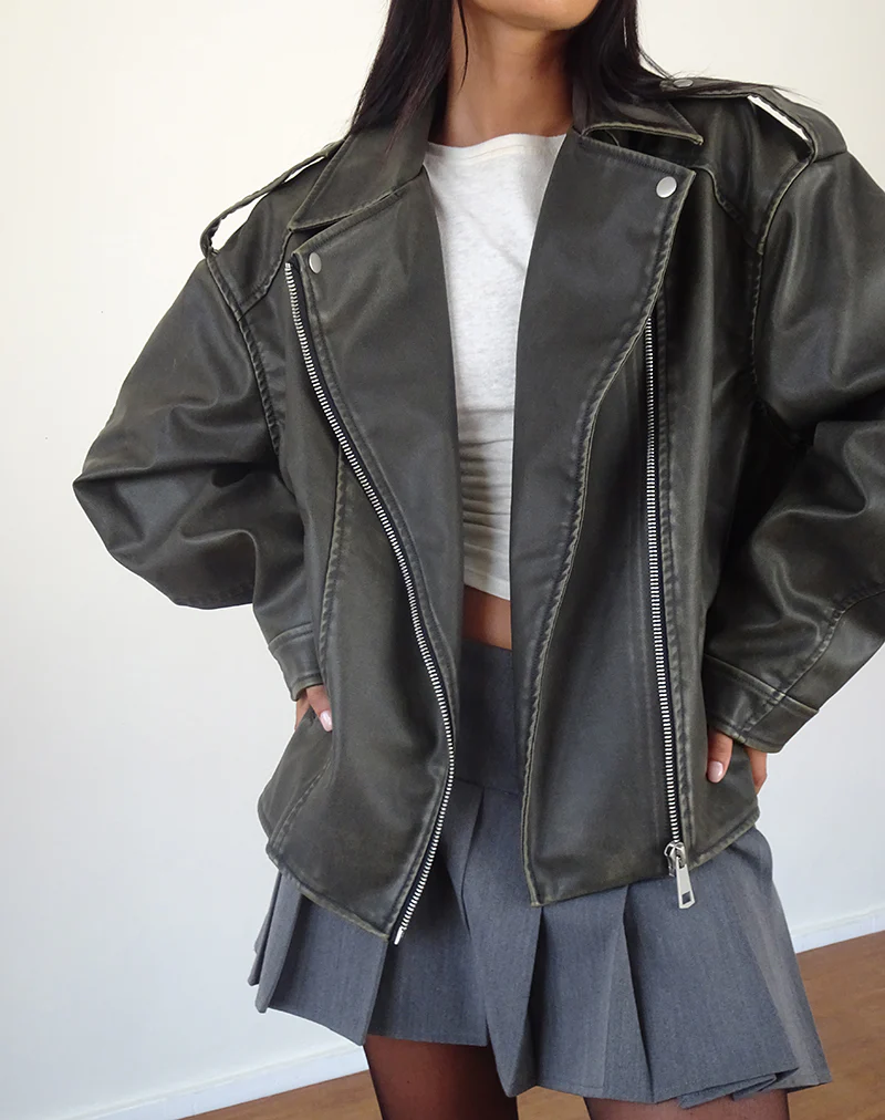 Zebbie Distressed Biker Jacket in Olive - Image 3