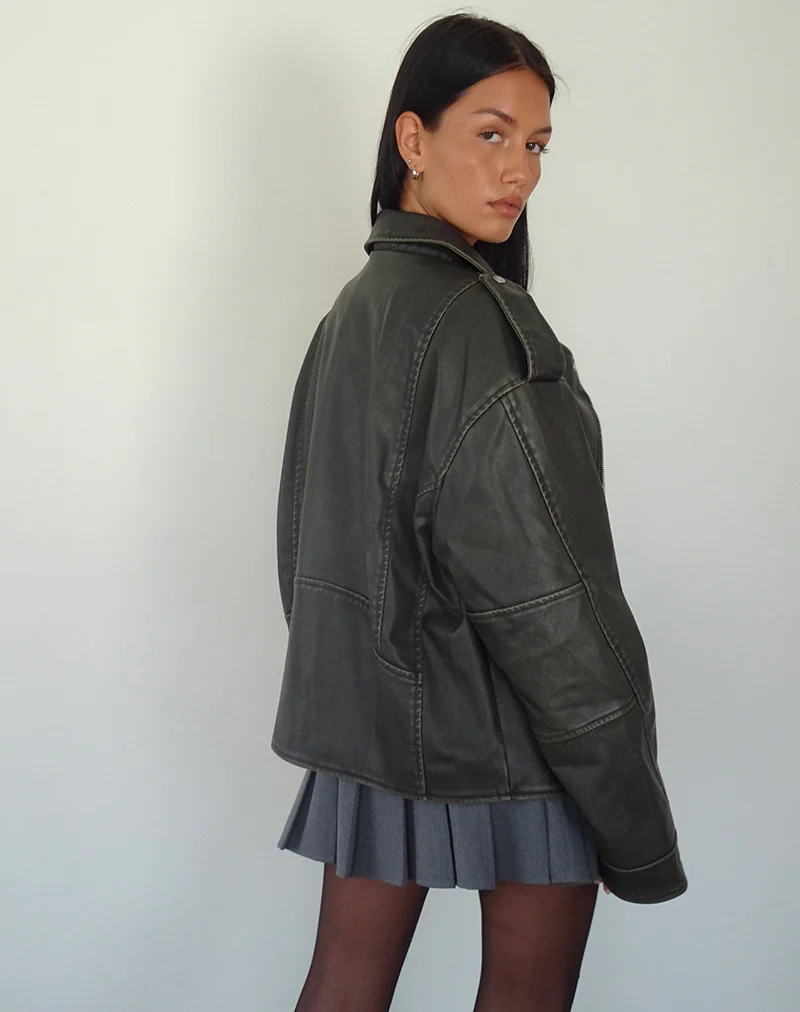 Zebbie Distressed Biker Jacket in Olive - Image 6