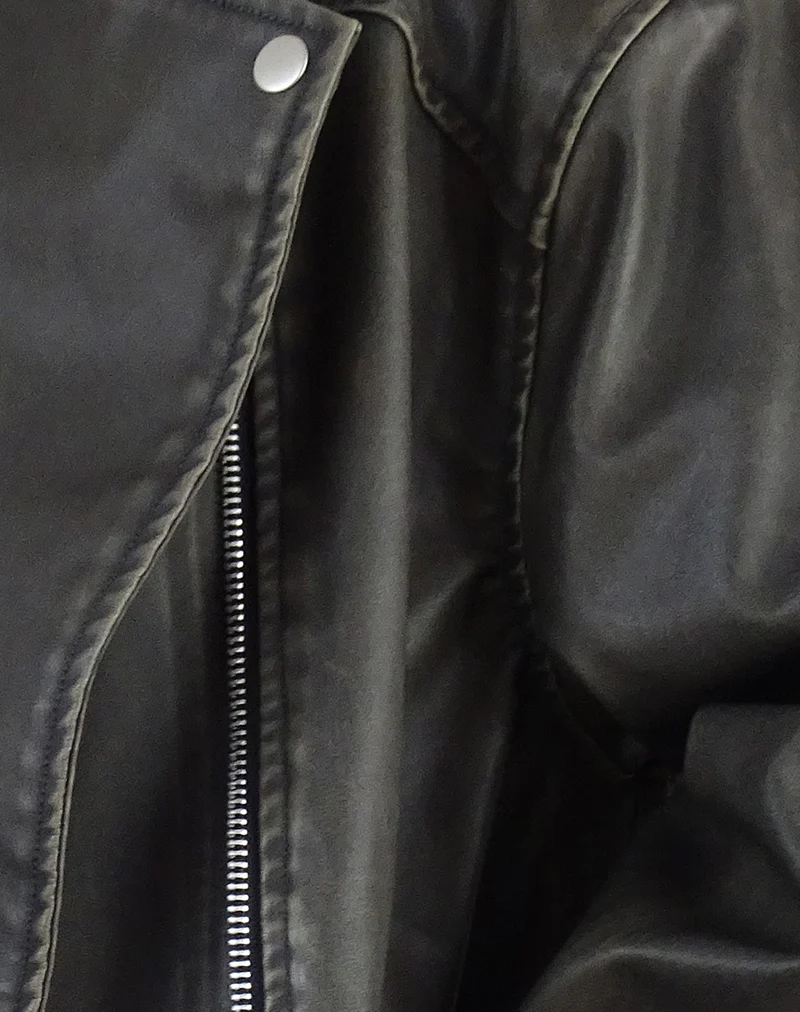 Zebbie Distressed Biker Jacket in Olive - Image 7