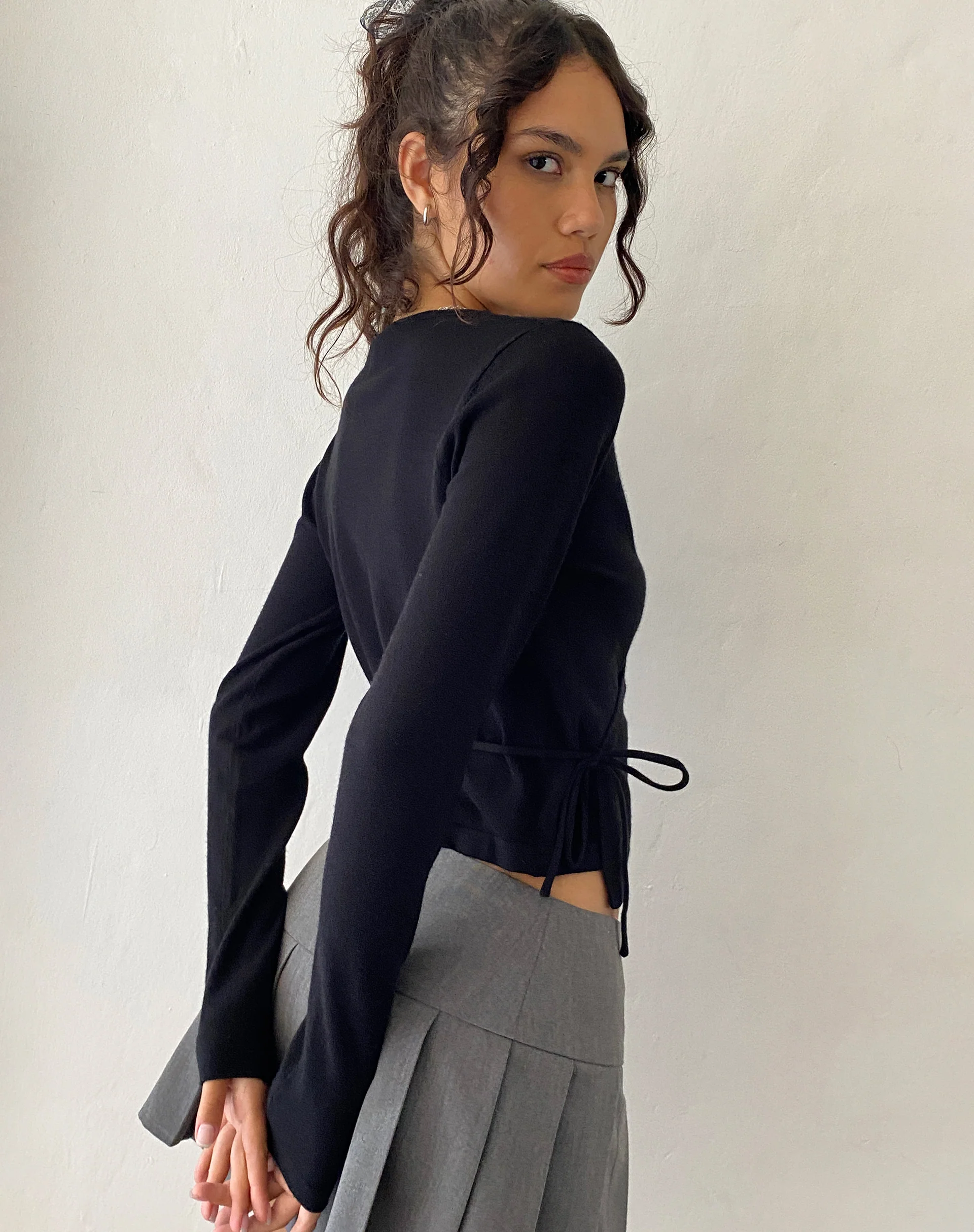 Zelda Knitted Wrap Cardigan in Black with Rosette - Image 4