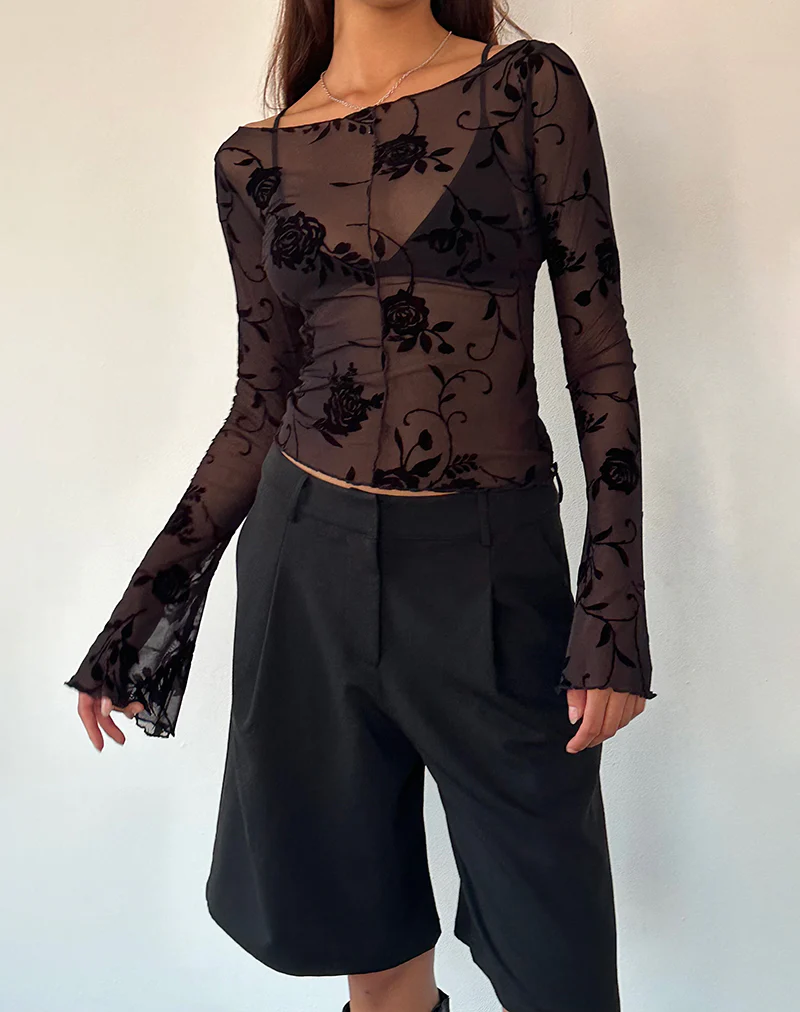 Zerlin Unlined Long Sleeve Top in Rose Flock Black - Image 2