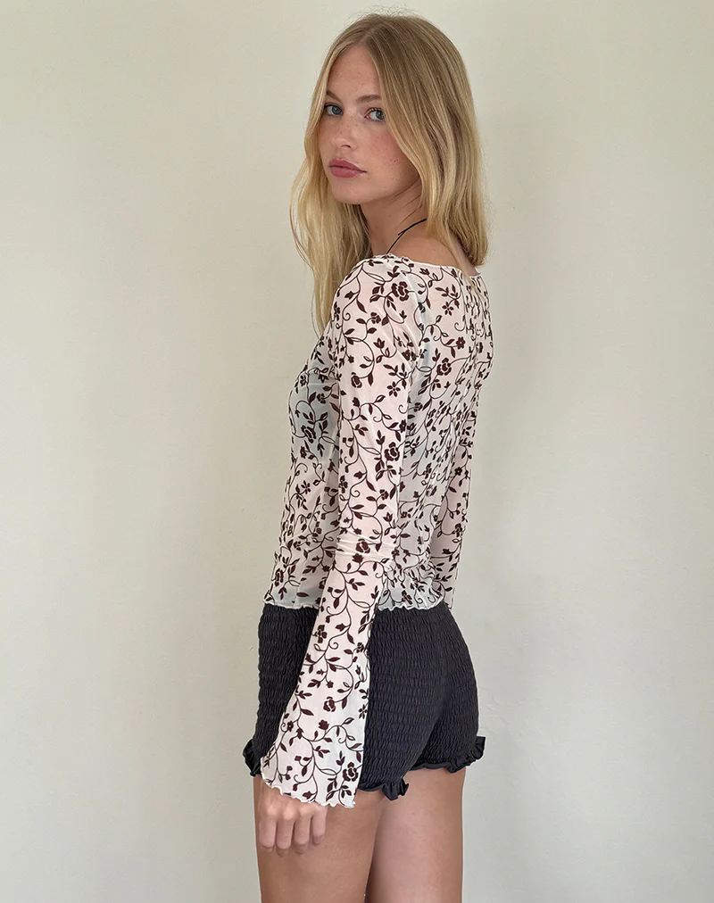Zerlin Unlined Top in Brown Stem Flower Flock - Image 4