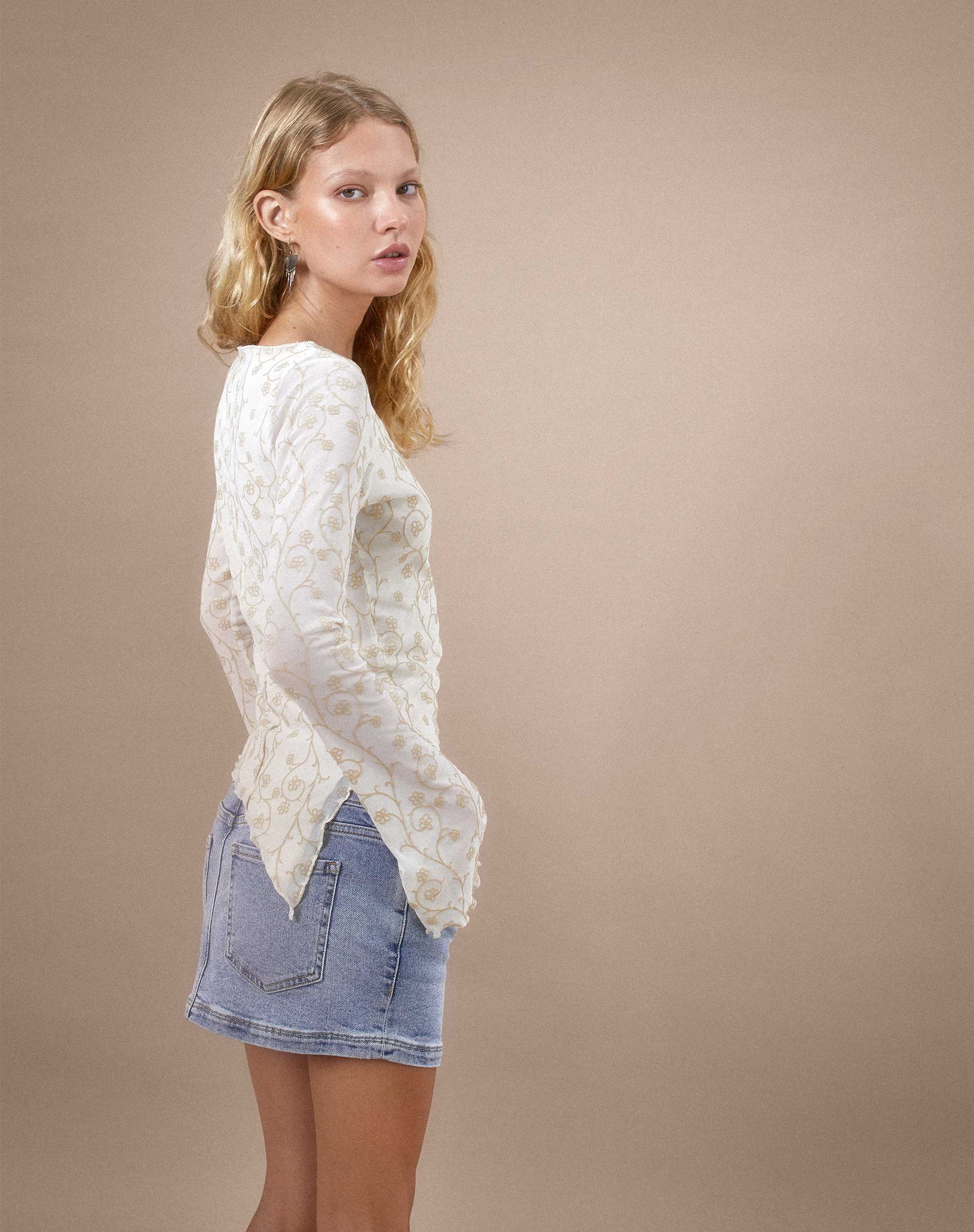Zest Mesh Long Sleeve Top in Beige with Light Tan Flock - Image 4