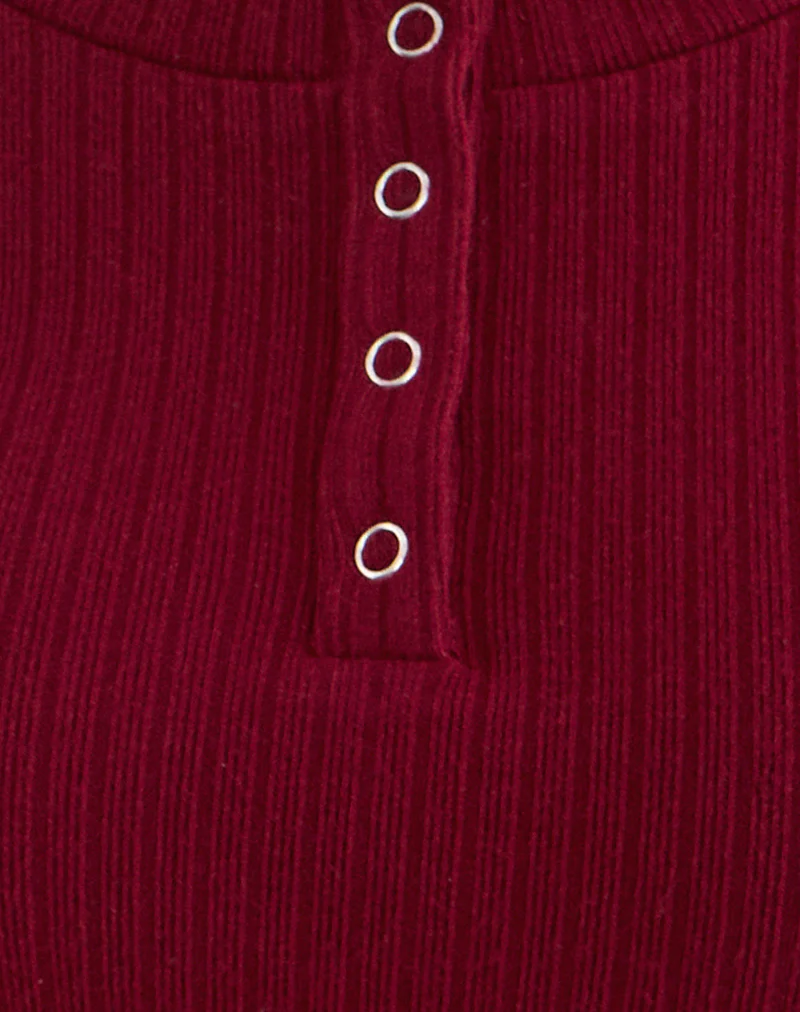 Zinta Long Sleeve Button Up Top in Rib Knit Dark Maroon - Image 6
