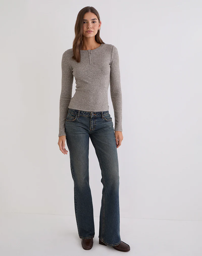 Zinta Long Sleeve Button Up Top in Ribbed Knit Grey - Image 3