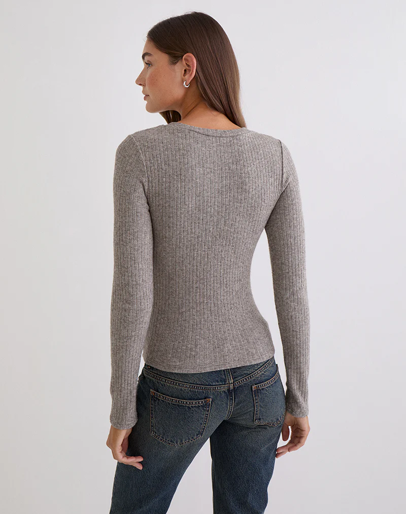 Zinta Long Sleeve Button Up Top in Ribbed Knit Grey - Image 5