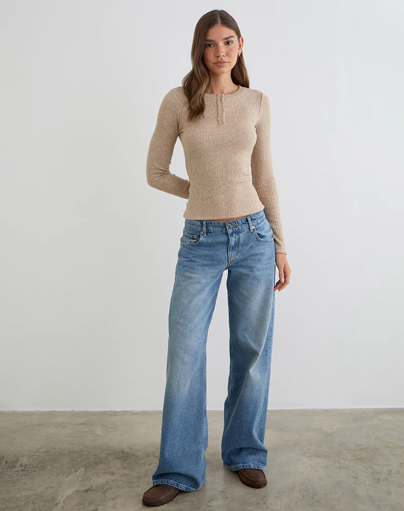 Zinta Long Sleeve Button Up Top in Rib Knit Oat - Image 3