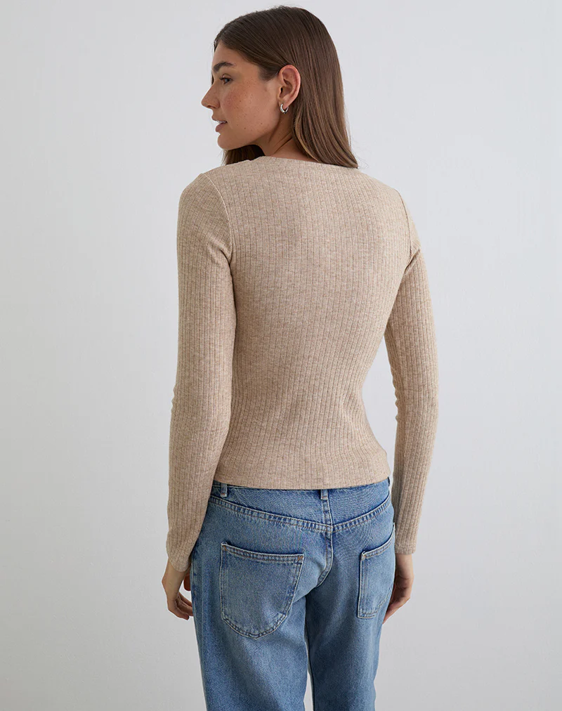 Zinta Long Sleeve Button Up Top in Rib Knit Oat - Image 5