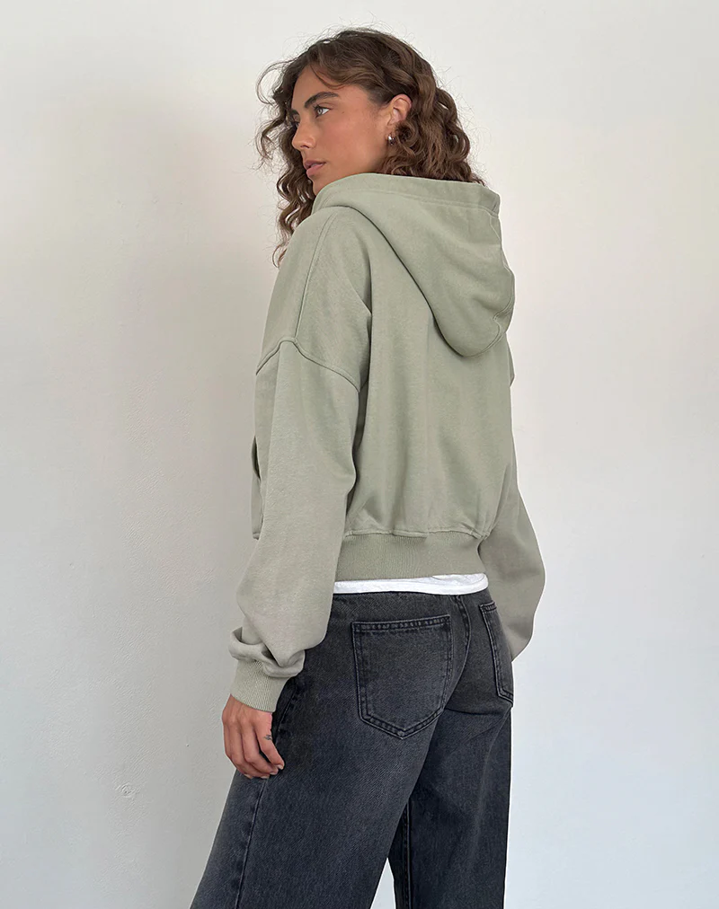 Zip Up Jumper in London Fog with 'MOTEL' Ivory Embroidery - Image 3