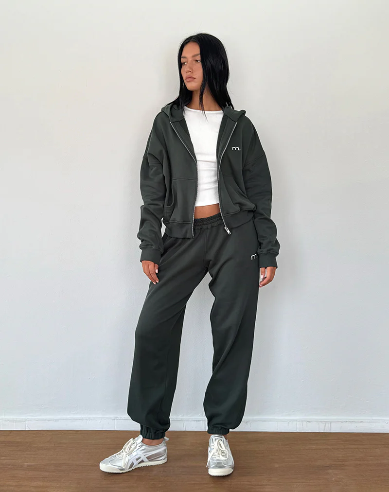 Zip Through Hoodie in Beluga with Light Grey M Embroidery - Image 2