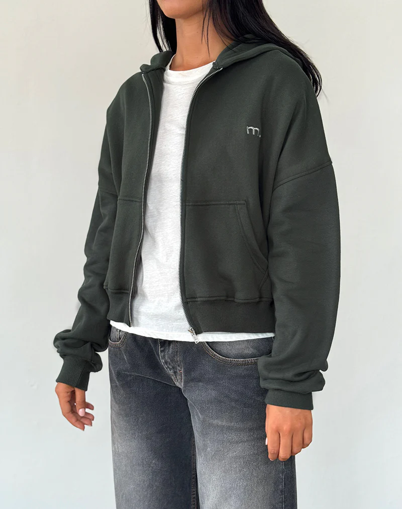 Zip Through Hoodie in Beluga with Light Grey M Embroidery - Image 4