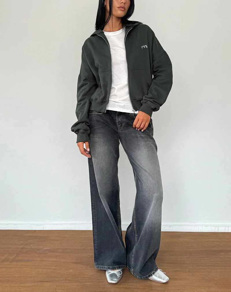 Zip Through Hoodie in Beluga with Light Grey M Embroidery - Image 5