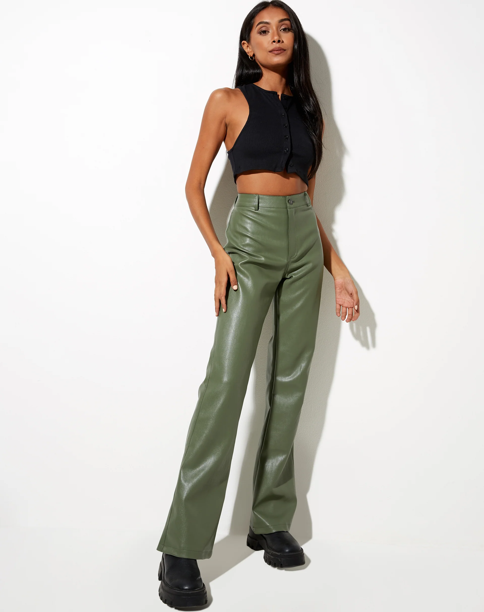 Zoven Flare Trouser in Pu Green - Image 2