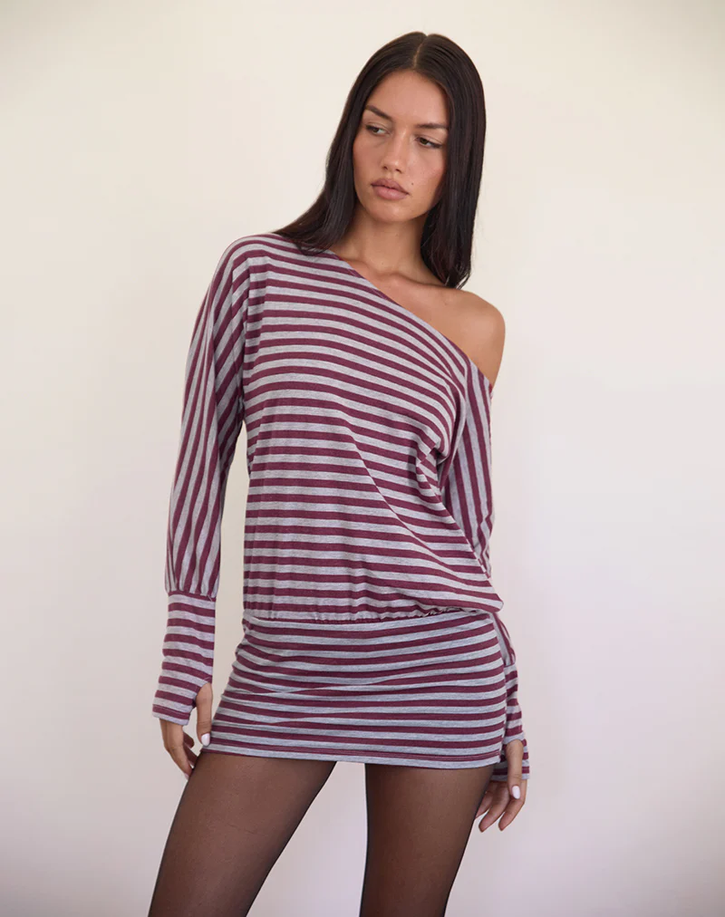 Zylina Mini Dress in Burgundy and Grey Classic Stripe - Image 3